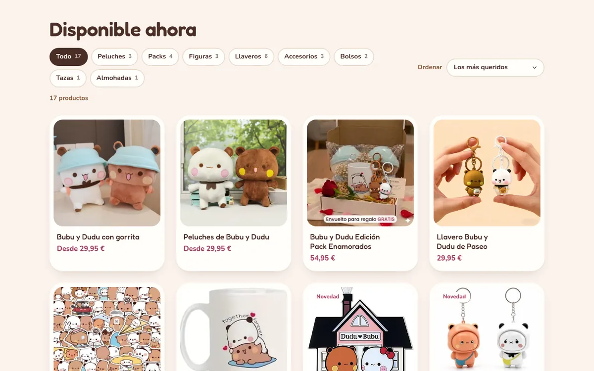 La tienda de bubuydudu.es: «Disponible ahora», con filtros por familia y solo los productos que hay en stock